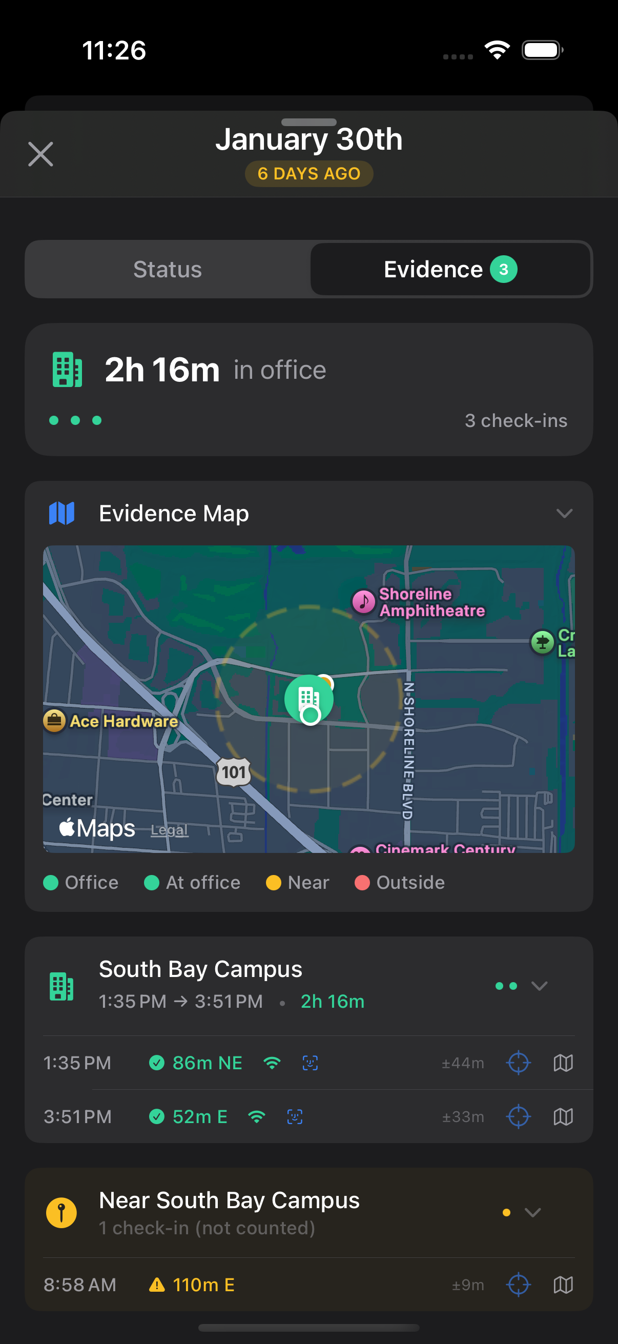 Evidence detail showing 2 hours 16 minutes in office at South Bay Campus with GPS map, distance measurements, and timestamps