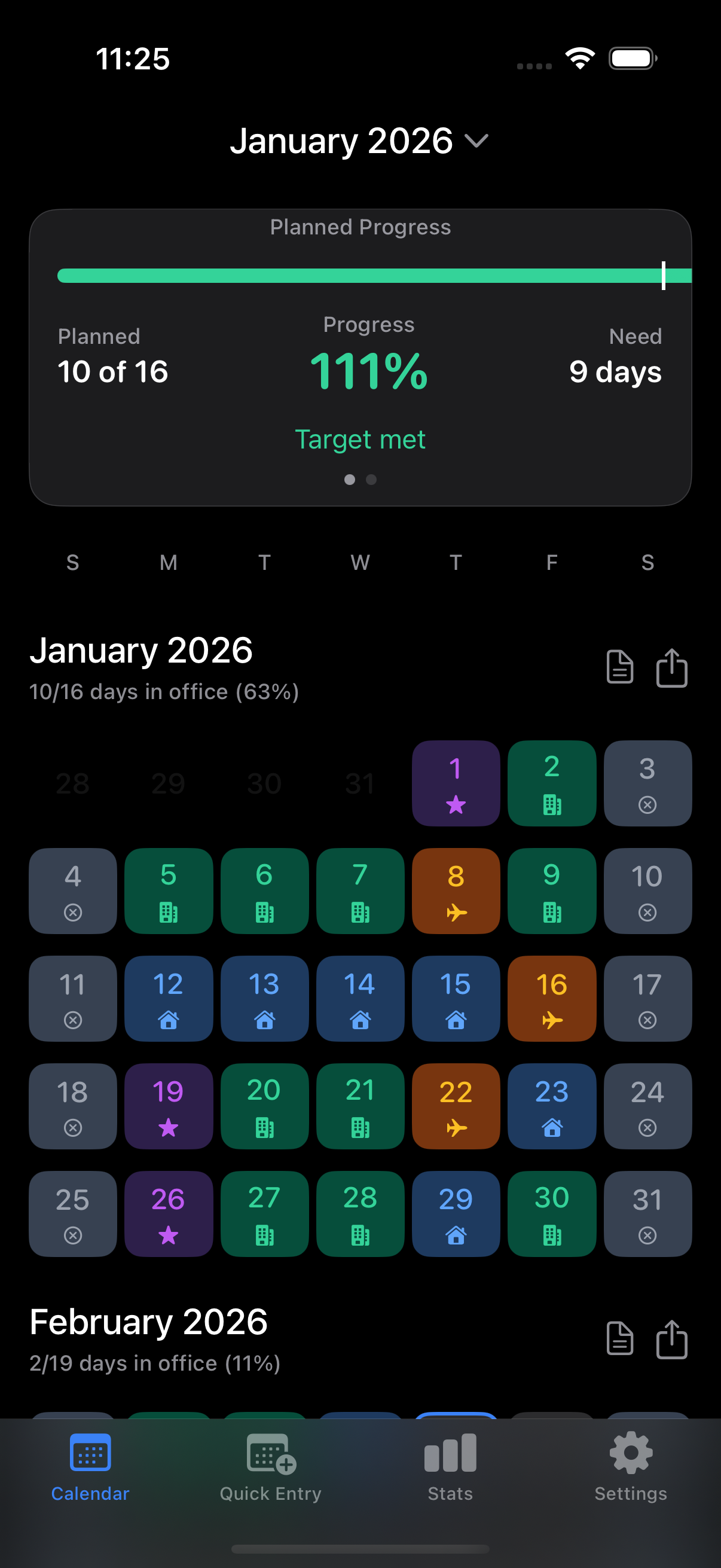 Arteeoo app showing January 2026 calendar with compliance progress at 111% and color-coded in-office, remote, and PTO days